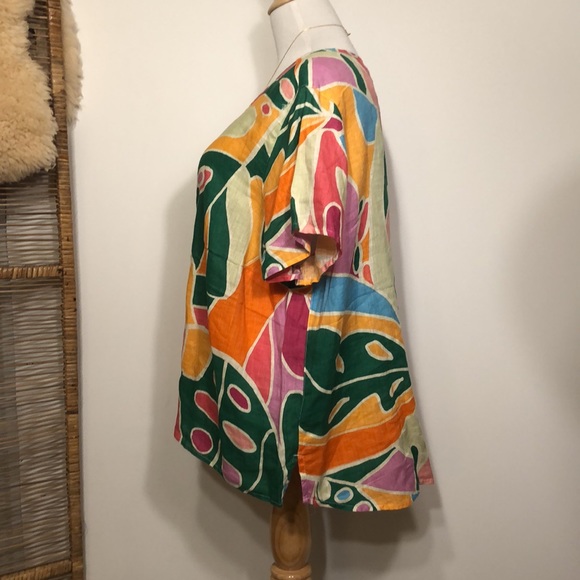 CHRISTIAN SIRIANO-Crewneck LINEN Green,Orange Pink Floral/Tropical Blouse Top 2X - Picture 4 of 10